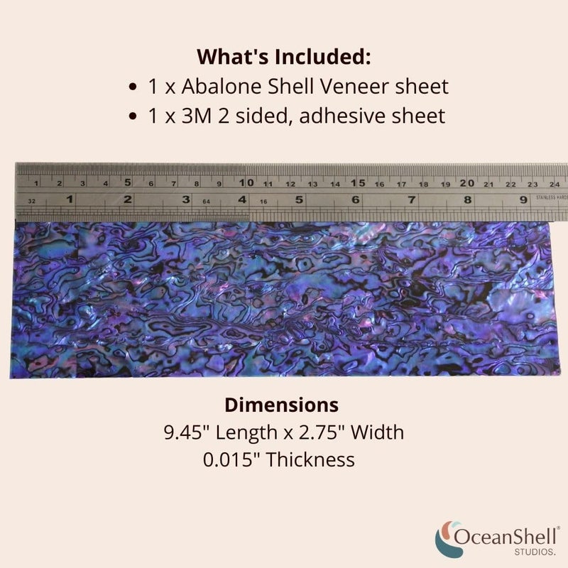 Ocean Shell Studios. Abalone Shell Inlay Veneer for DIY or Professional Inlay Embellishments - Sustainable New Zealand Paua Royal Purple- With 3M Double Sided Tape Backing - 9.45"X2.75" - Image 2